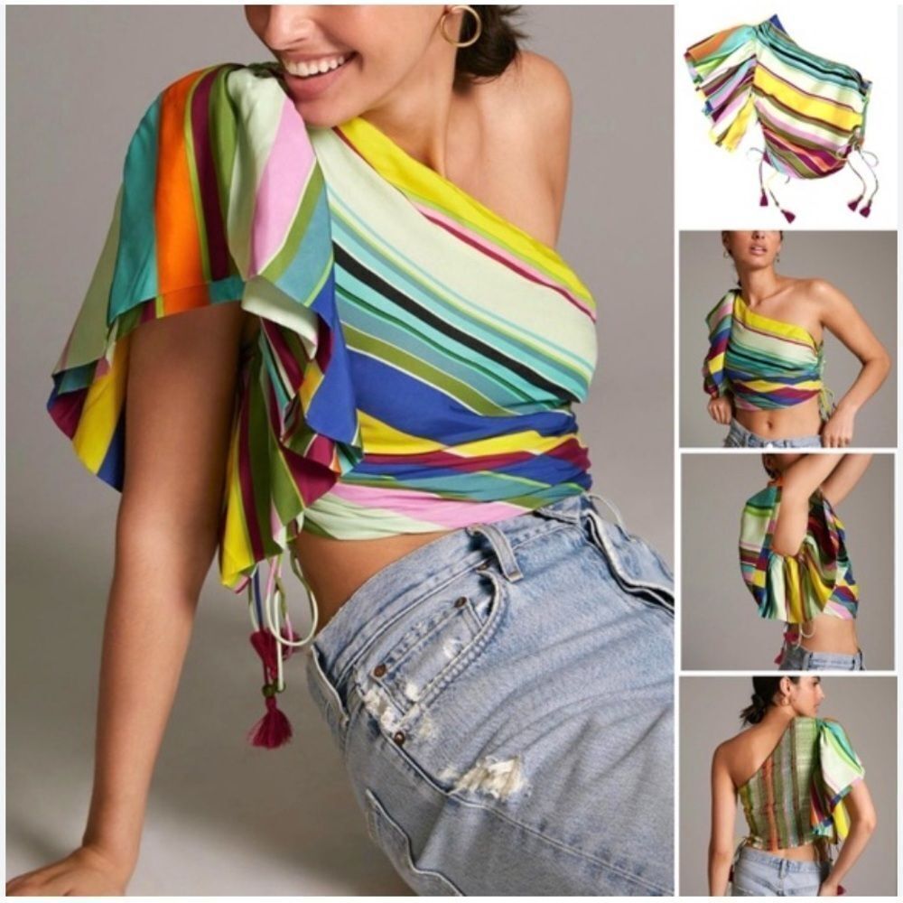 Anthro Hope for Flowers one-shoulder Rainbow Crop Blouse Flutter Sleeve Smock M